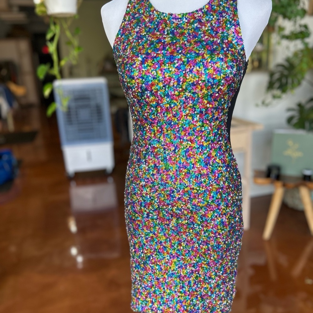 Minkpink Rainbow Sequin Cutout body con dress. XS